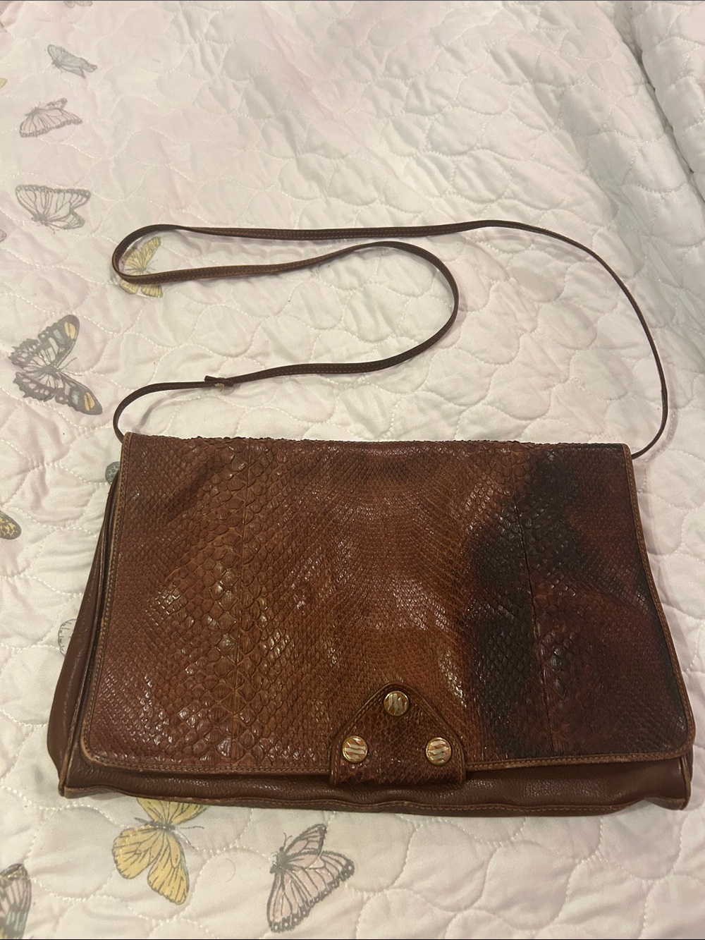 Vintage Brown Leather Snake-Texture Crossbody Bag